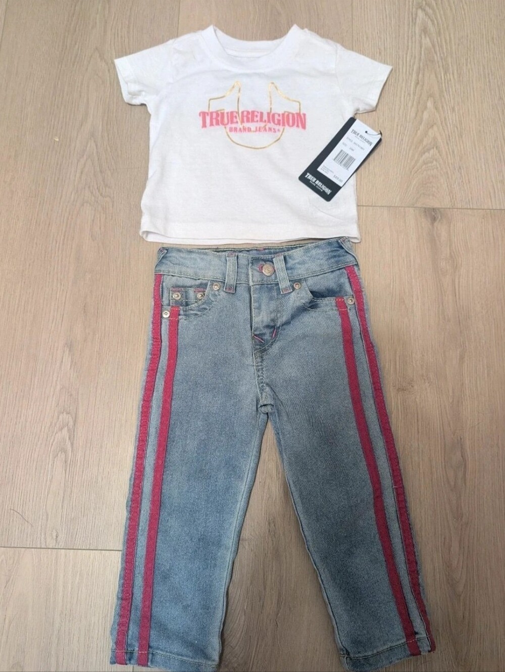 True Religion Kids White Logo Tee & Blue Denim Jeans with Pink Stripes 0150